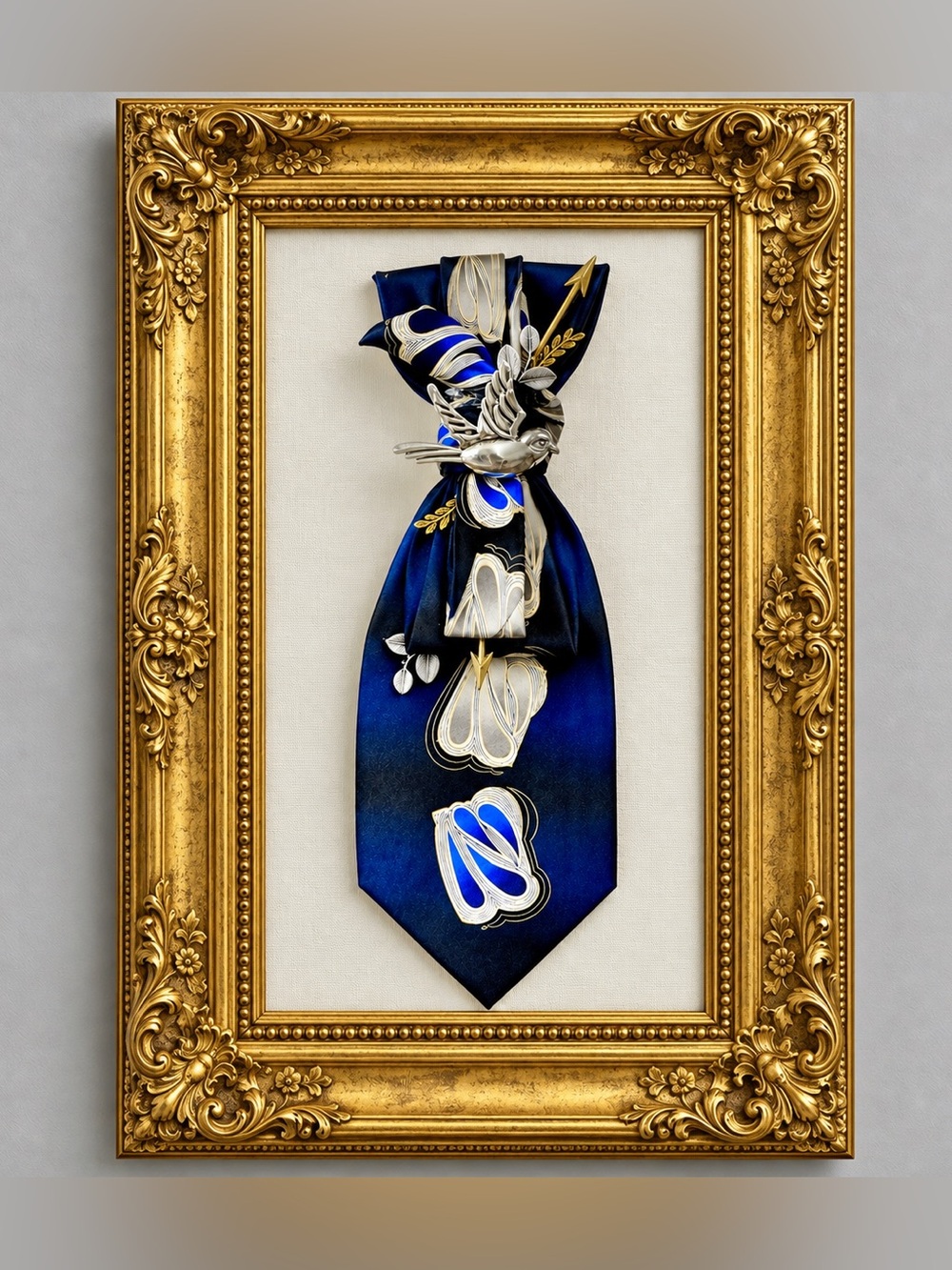 One-of-a-Kind Blue Bird & Arrow Upcycled Tie Necklace pendant | Wearable Art